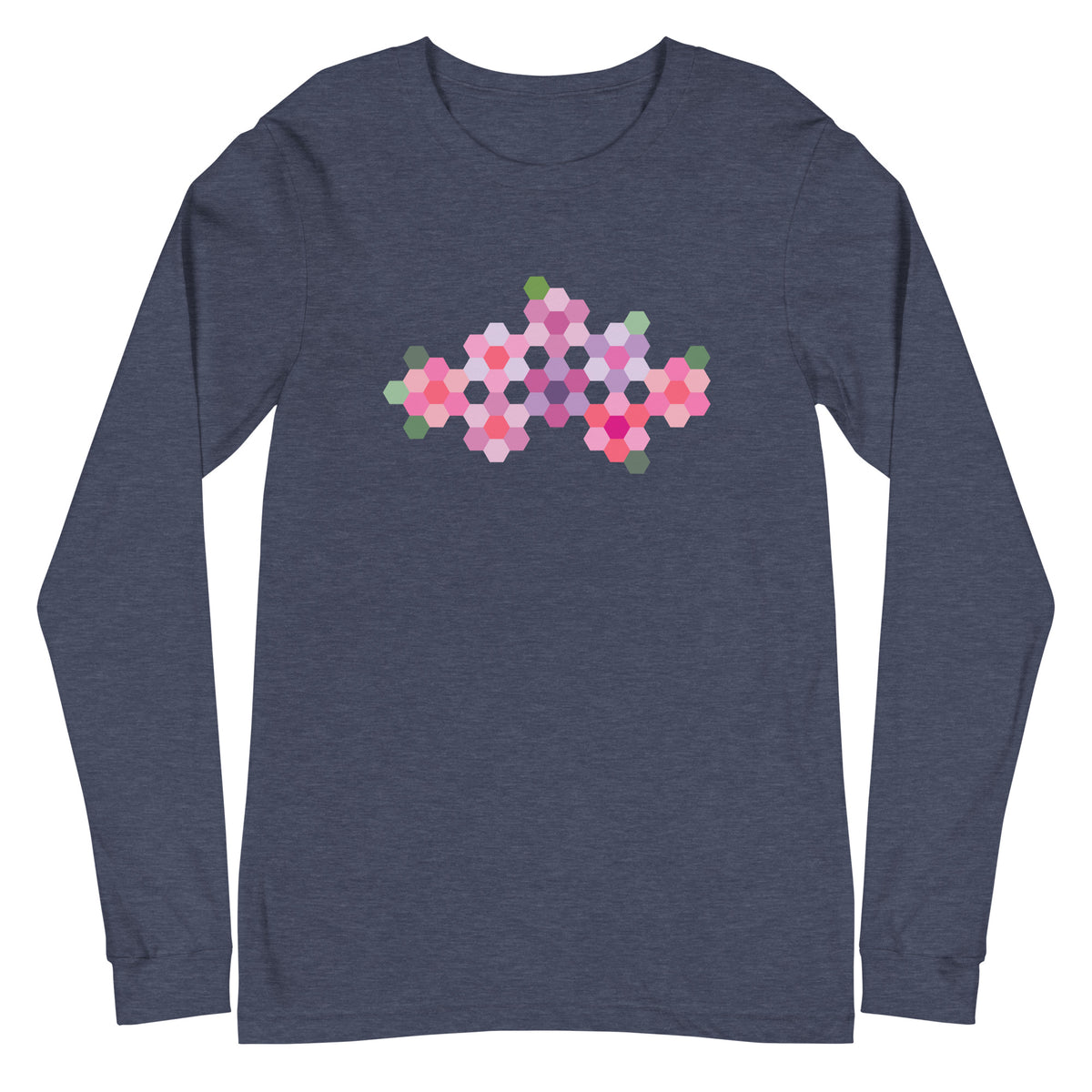 Pink GeoFlora hexagon flower cluster in pinks, lavenders and sage greens on a unisex long-sleeve tee in heather navy, front view – Kate Spain design for Pat Sloan