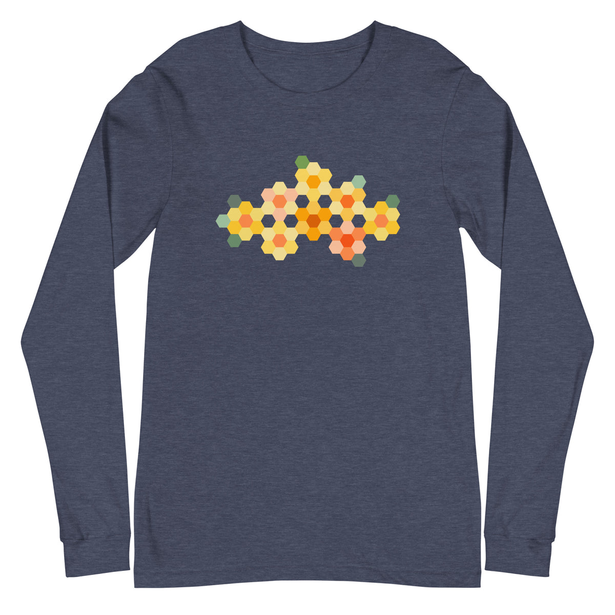 Yellow GeoFlora hexagon flower cluster in yellows, peach and greens on a unisex long-sleeve tee in heather navy, front view – Kate Spain design for Pat Sloan