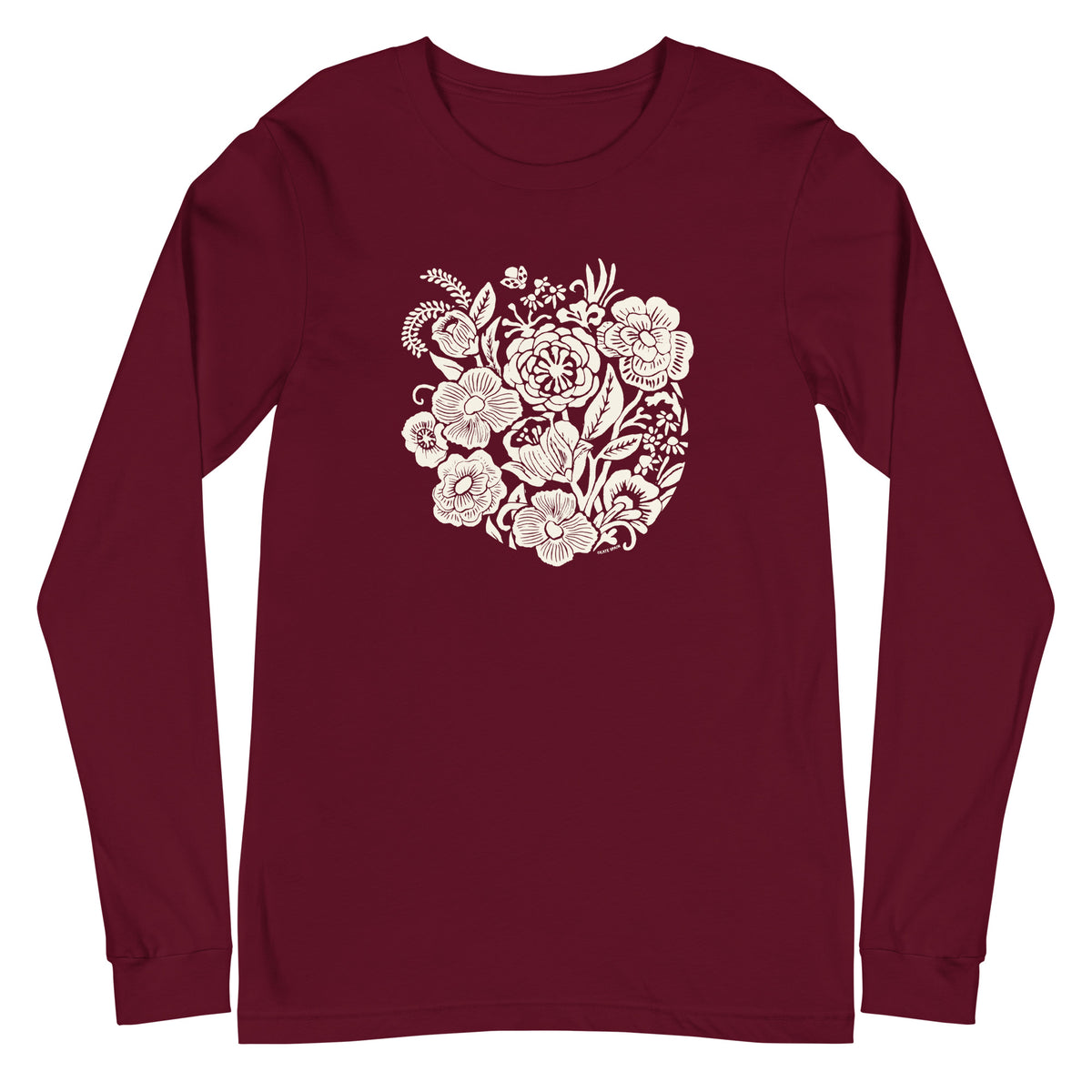 Meadowsweet woodblock-style bouquet of wildflowers on a long sleeve t-shirt in maroon, front view – Kate Spain design