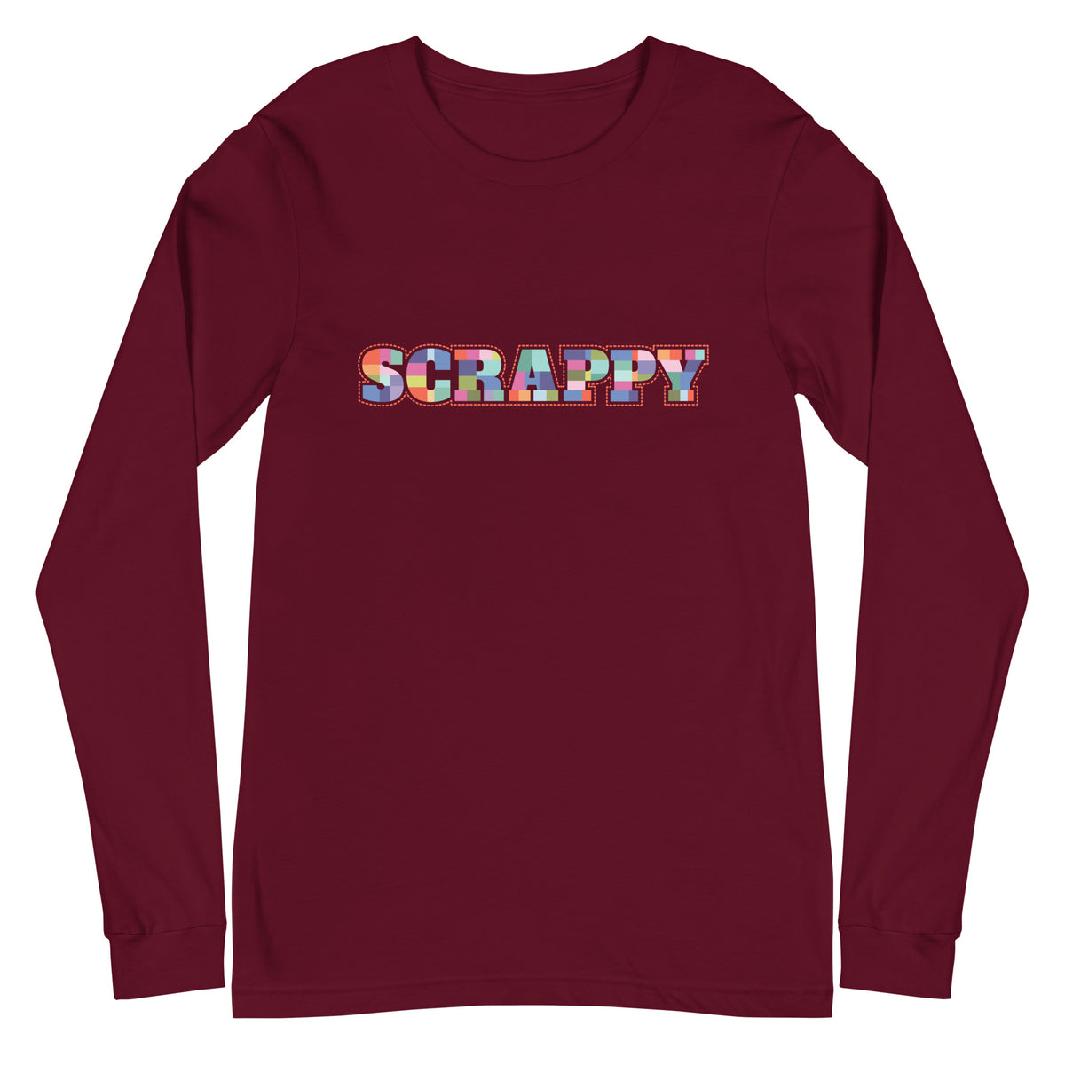 SCRAPPY in multicolor patchwork-square letters on a unisex long-sleeve tee in maroon, front view – Kate Spain design