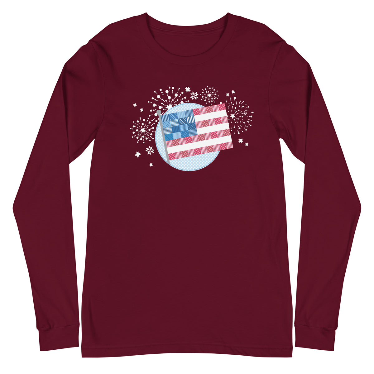patchwork American flag in quilt fabrics on a long sleeve t-shirt in maroon, front view – Kate Spain design for Pat Sloan