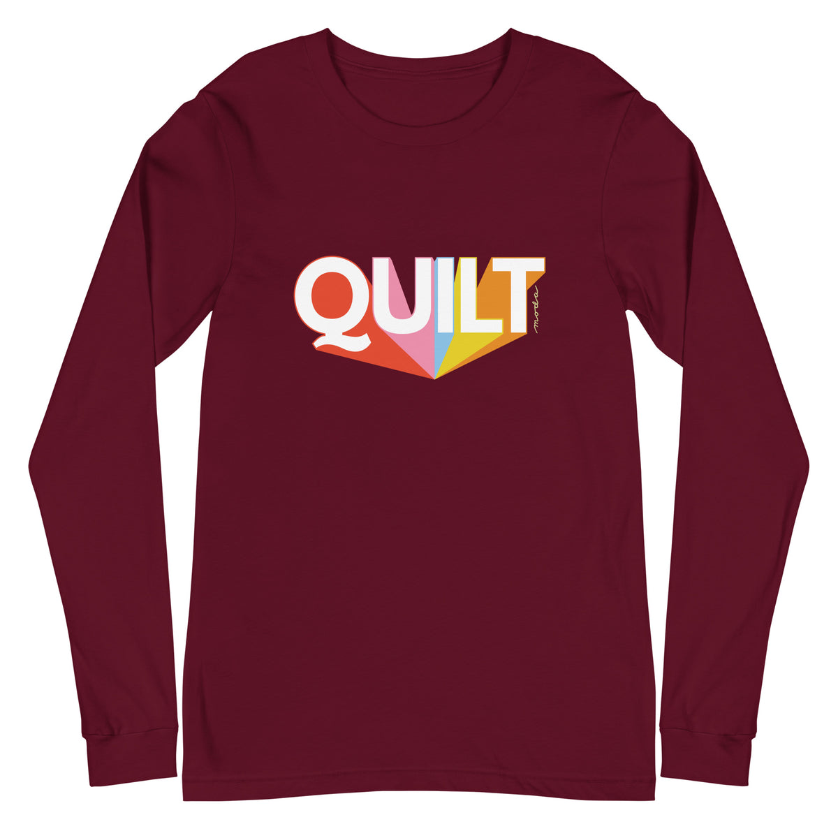 Moda QUILT logo in white letters with orange, pink, blue and yellow rays on a unisex long-sleeve tee in maroon, front view – Kate Spain design