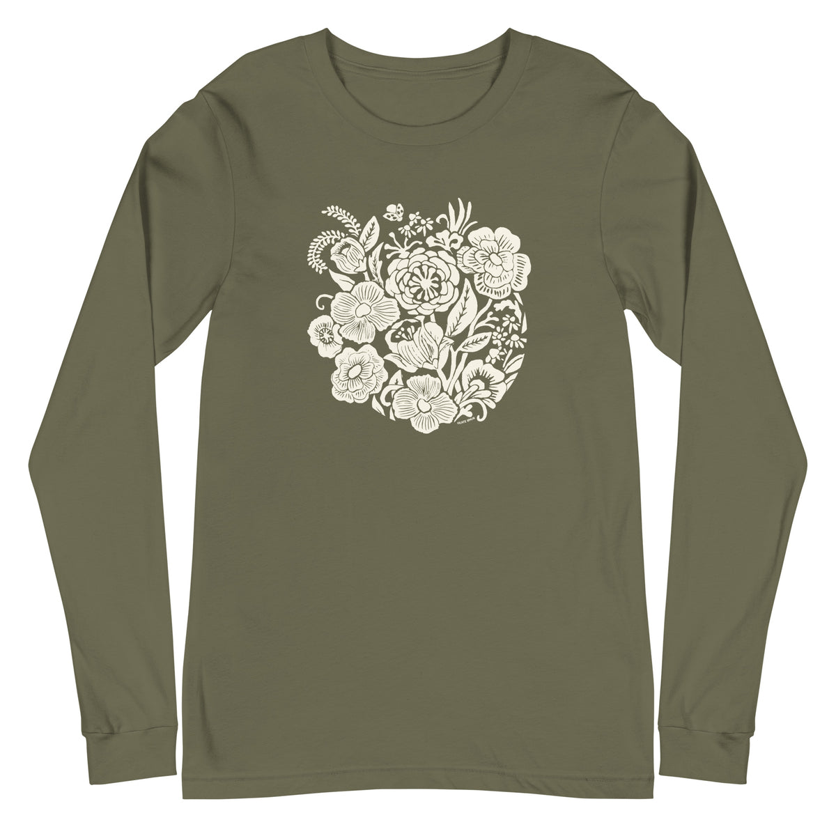 Meadowsweet woodblock-style bouquet of wildflowers on a long sleeve t-shirt in military green, front view – Kate Spain design