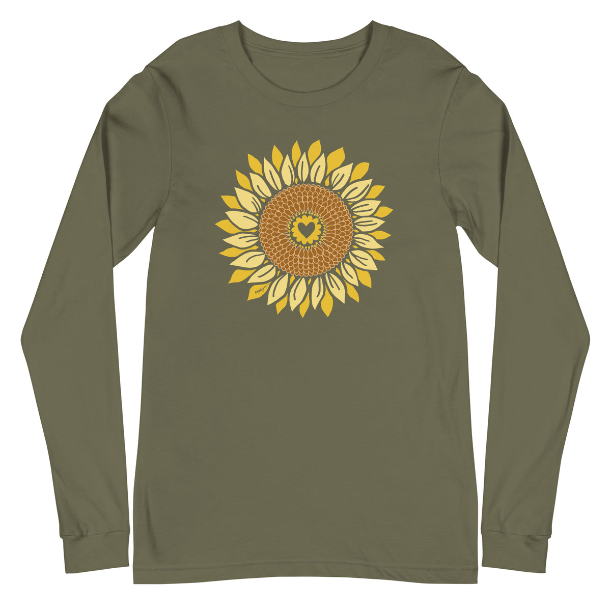 Golden sunflower with a heart center on a long sleeve t-shirt in military green, front view – Sunflowers in My Heart by Kate Spain