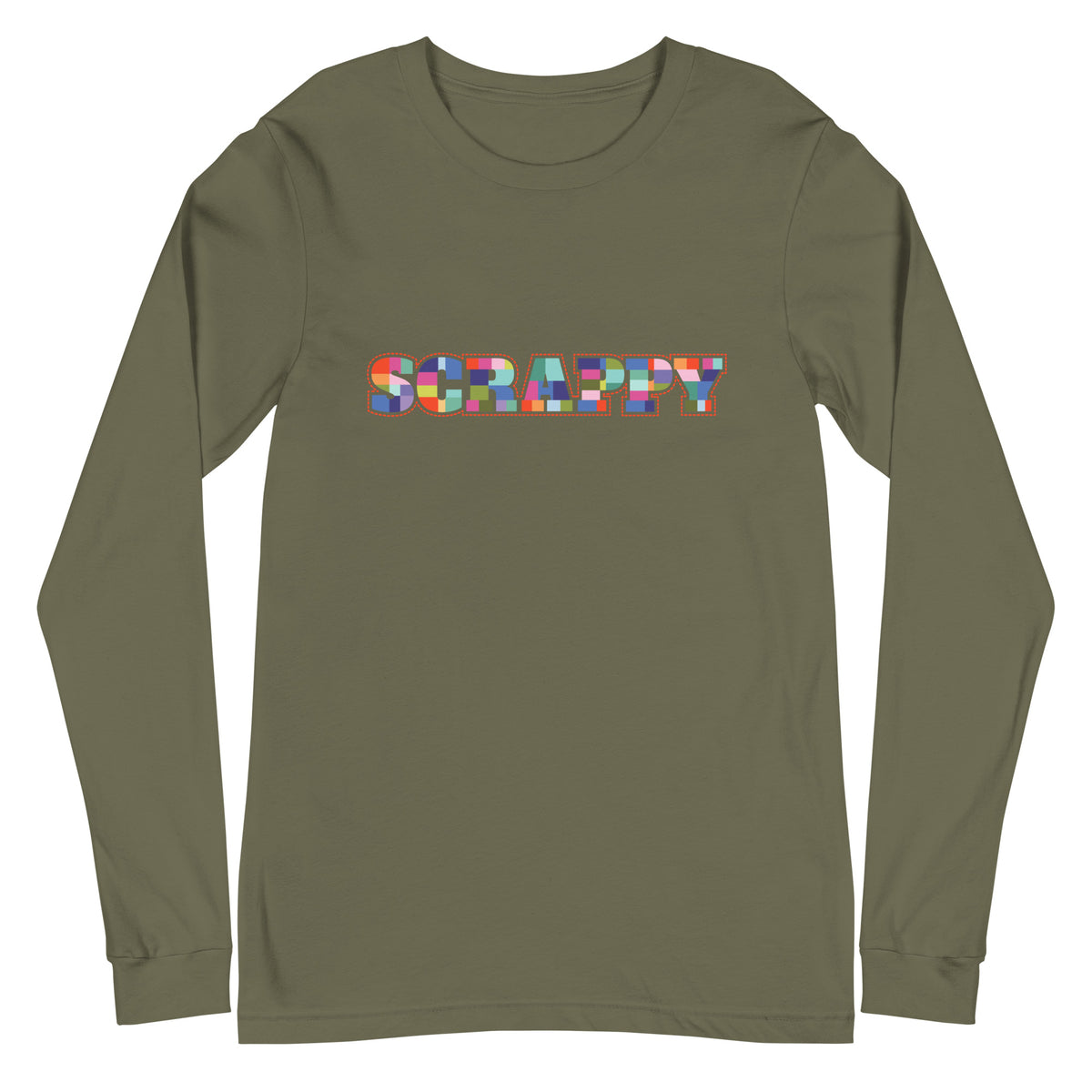 SCRAPPY in multicolor patchwork-square letters on a unisex long-sleeve tee in military green, front view – Kate Spain design