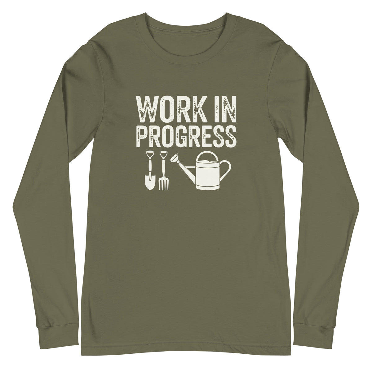 Garden Work in Progress distressed lettering with a shovel, pitchfork and watering can on a long sleeve t-shirt in military green, front view – Kate Spain design