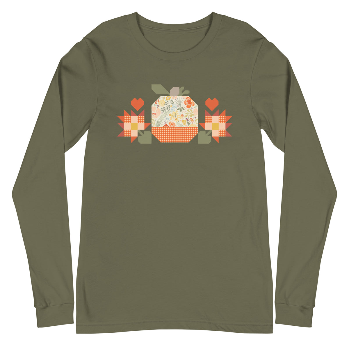 Falling for Fall patchwork pumpkin with quilt-block stars and hearts on a long sleeve t-shirt in military green, front view – Kate Spain design for Pat Sloan