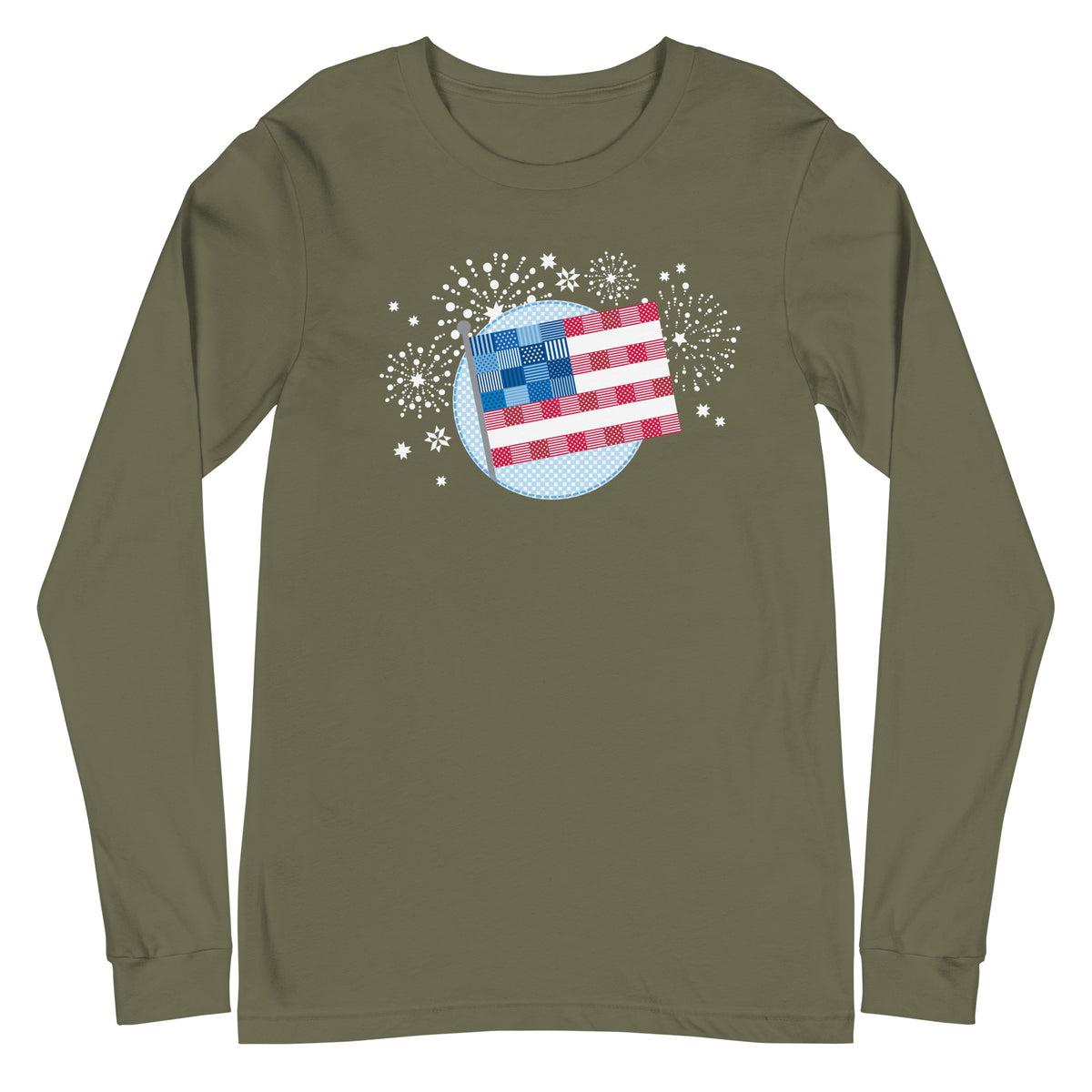 patchwork American flag in quilt fabrics on a long sleeve t-shirt in military green, front view – Kate Spain design for Pat Sloan