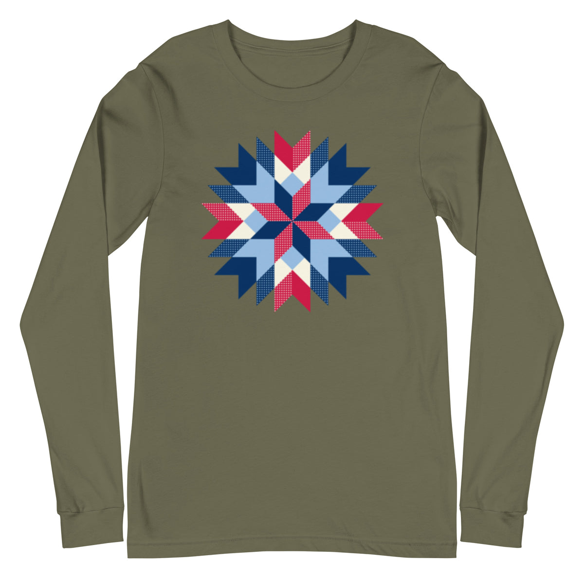 Barn Star quilt block in red, white and blue on a long sleeve t-shirt in military green, front view – Kate Spain design for Pat Sloan