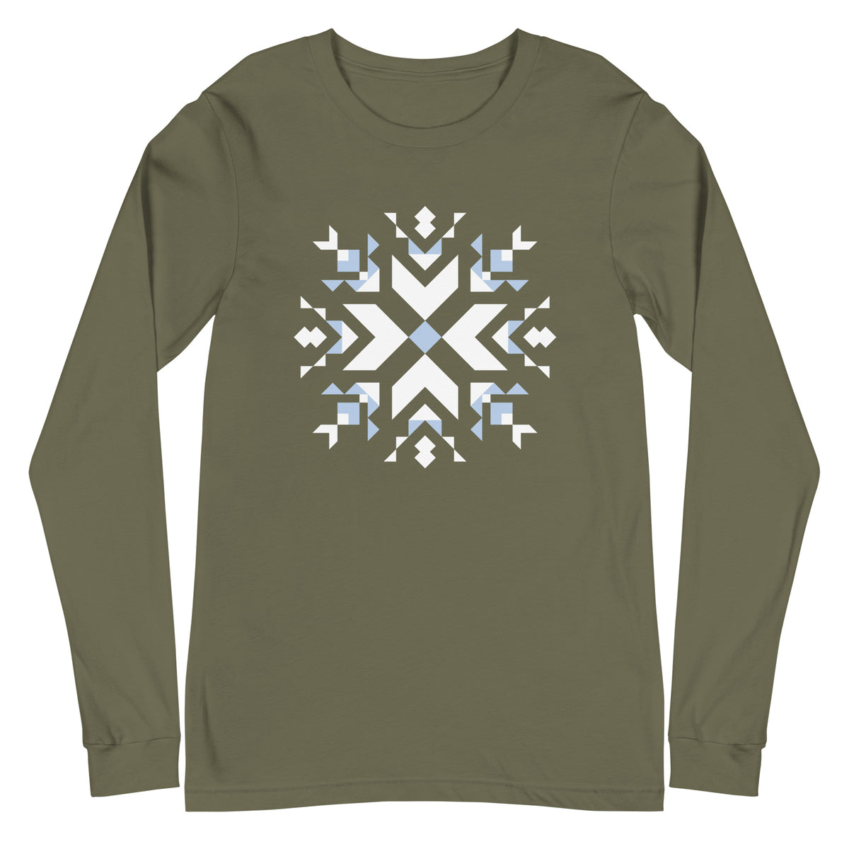 Let It Snow snowflake quilt block on a long sleeve t-shirt in military green, front view – Kate Spain design for Pat Sloan