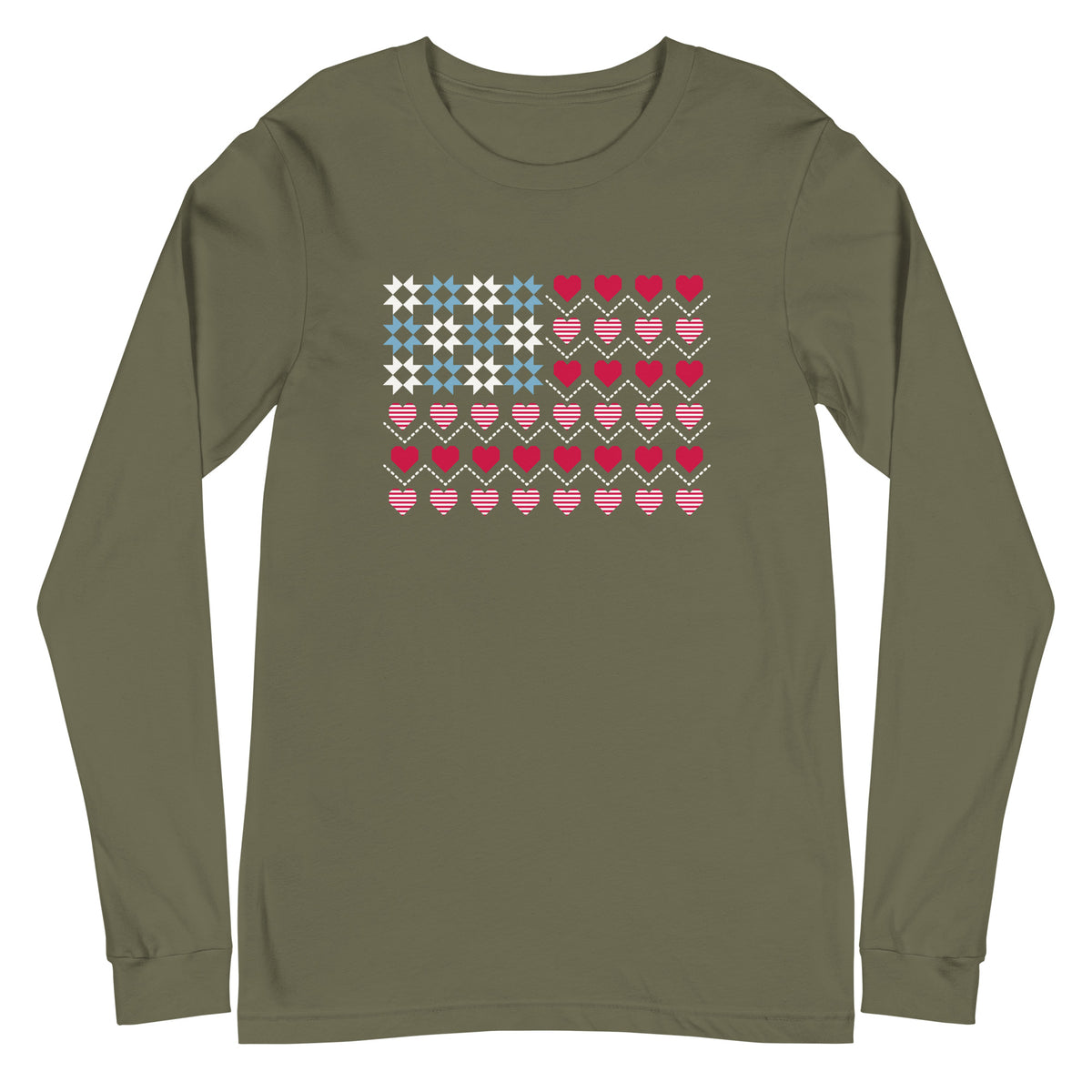 United We Quilt patchwork flag with quilt-block stars and heart stripes on a long sleeve t-shirt in military green, front view – Kate Spain design for Pat Sloan