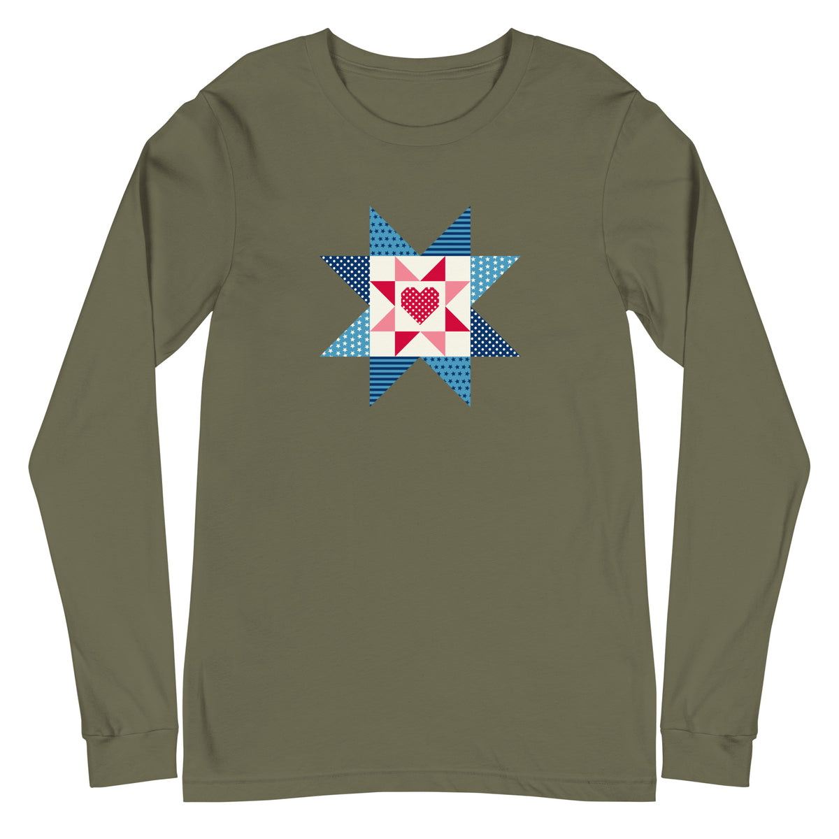 Liberty Love star quilt block with a heart in red, white and blue on a long sleeve t-shirt in military green, front view – Kate Spain design for Pat Sloan
