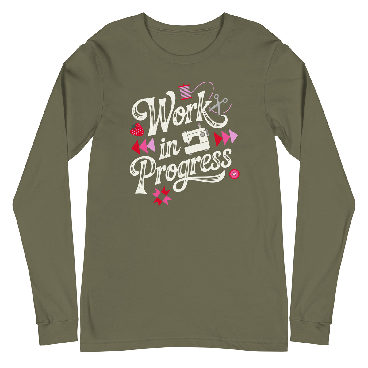 Work in Progress sewing design with flying geese, sewing machine, strawberry and thread spool on a long sleeve t-shirt in military green, front view – Kate Spain design for Pat Sloan