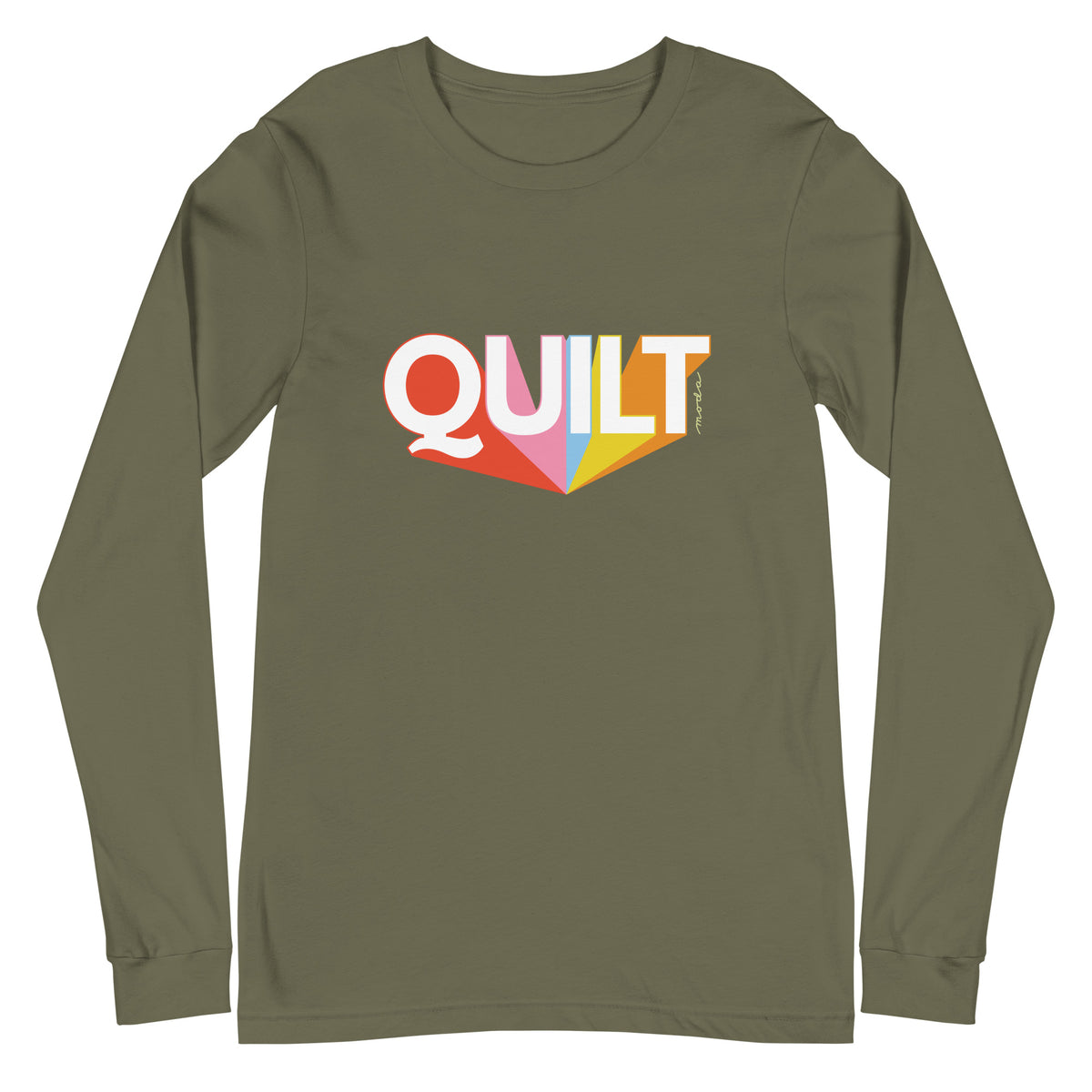 Moda QUILT logo in white letters with orange, pink, blue and yellow rays on a unisex long-sleeve tee in military green, front view – Kate Spain design