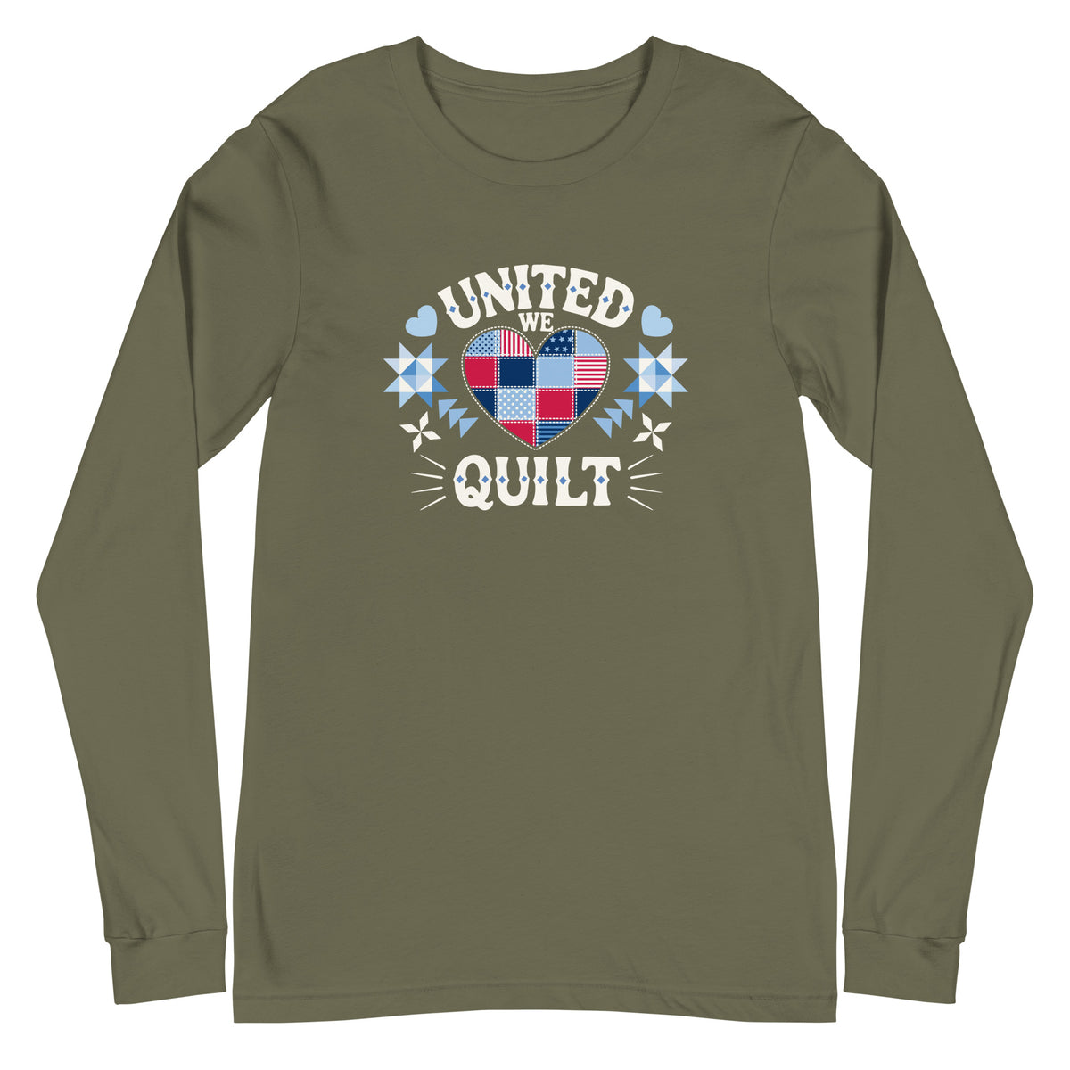 Quilters United quilt badge in red, white and blue on a long sleeve t-shirt in military green, front view – Kate Spain design for Pat Sloan