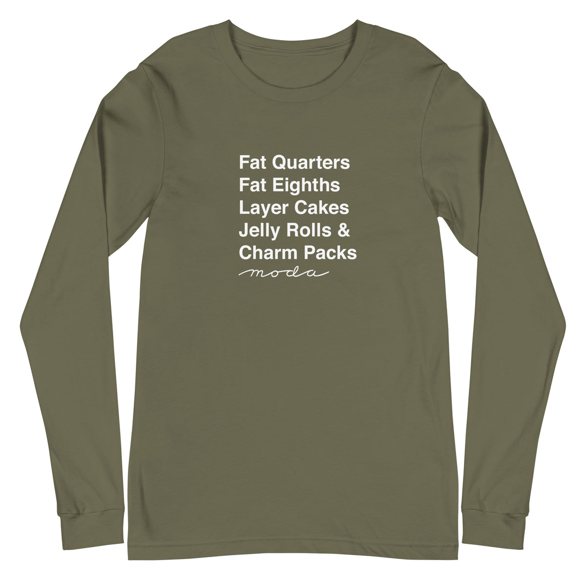 Moda precuts list in white (Fat Quarters to Charm Packs) on a unisex long-sleeve tee in military green, front view – Kate Spain design