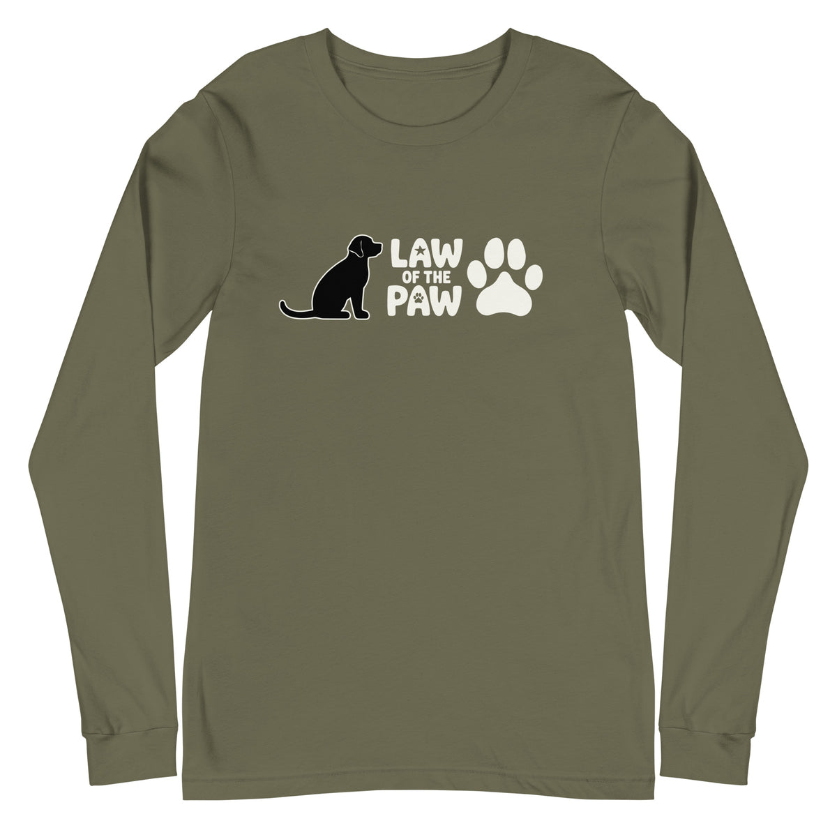 Law of the Paw® logo with seated dog and paw print on a long sleeve t-shirt in military green, front view – Kate Spain design