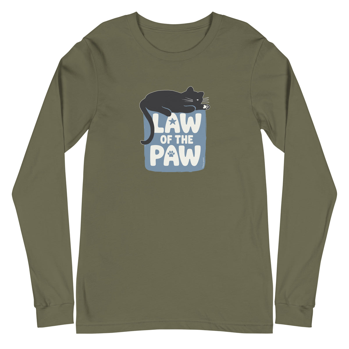 Law of the Paw® design with a cat napping on the logo on a long sleeve t-shirt in military green, front view – Kate Spain design