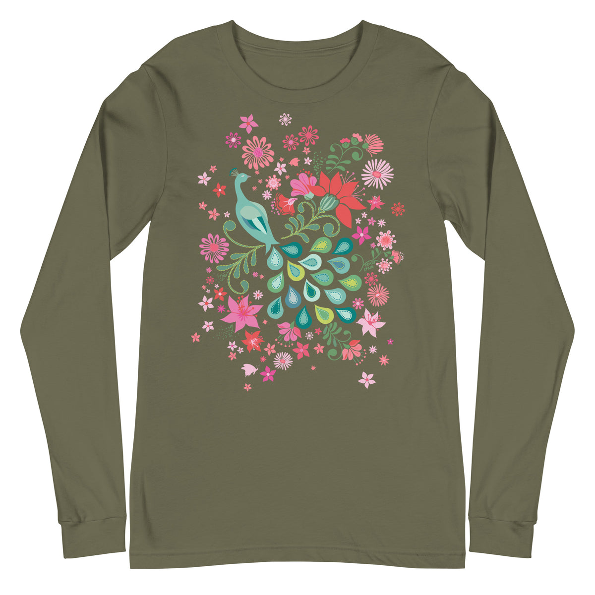 Folk-art peacock among coral, pink and sage-green blooms on a unisex long-sleeve tee in military green, front view – Kate Spain design