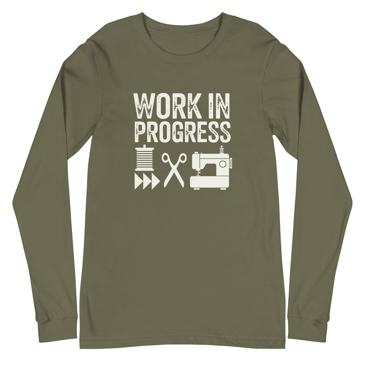 Work in Progress lettering with spool, scissors and sewing machine icons on a unisex long-sleeve tee in military green, front view – Kate Spain design for Pat Sloan