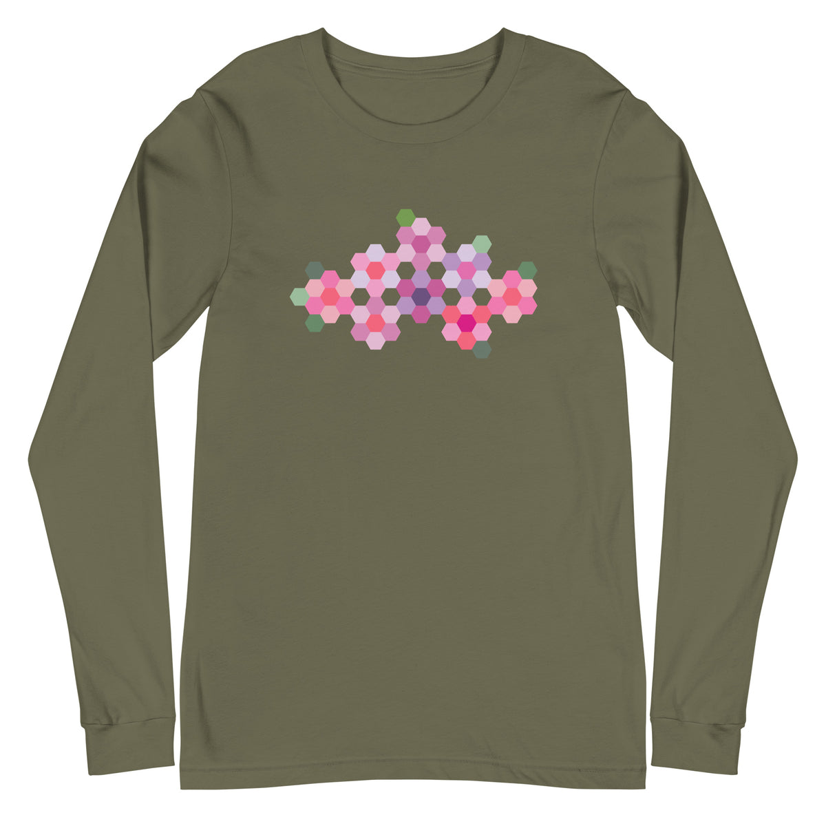 Pink GeoFlora hexagon flower cluster in pinks, lavenders and sage greens on a unisex long-sleeve tee in military green, front view – Kate Spain design for Pat Sloan