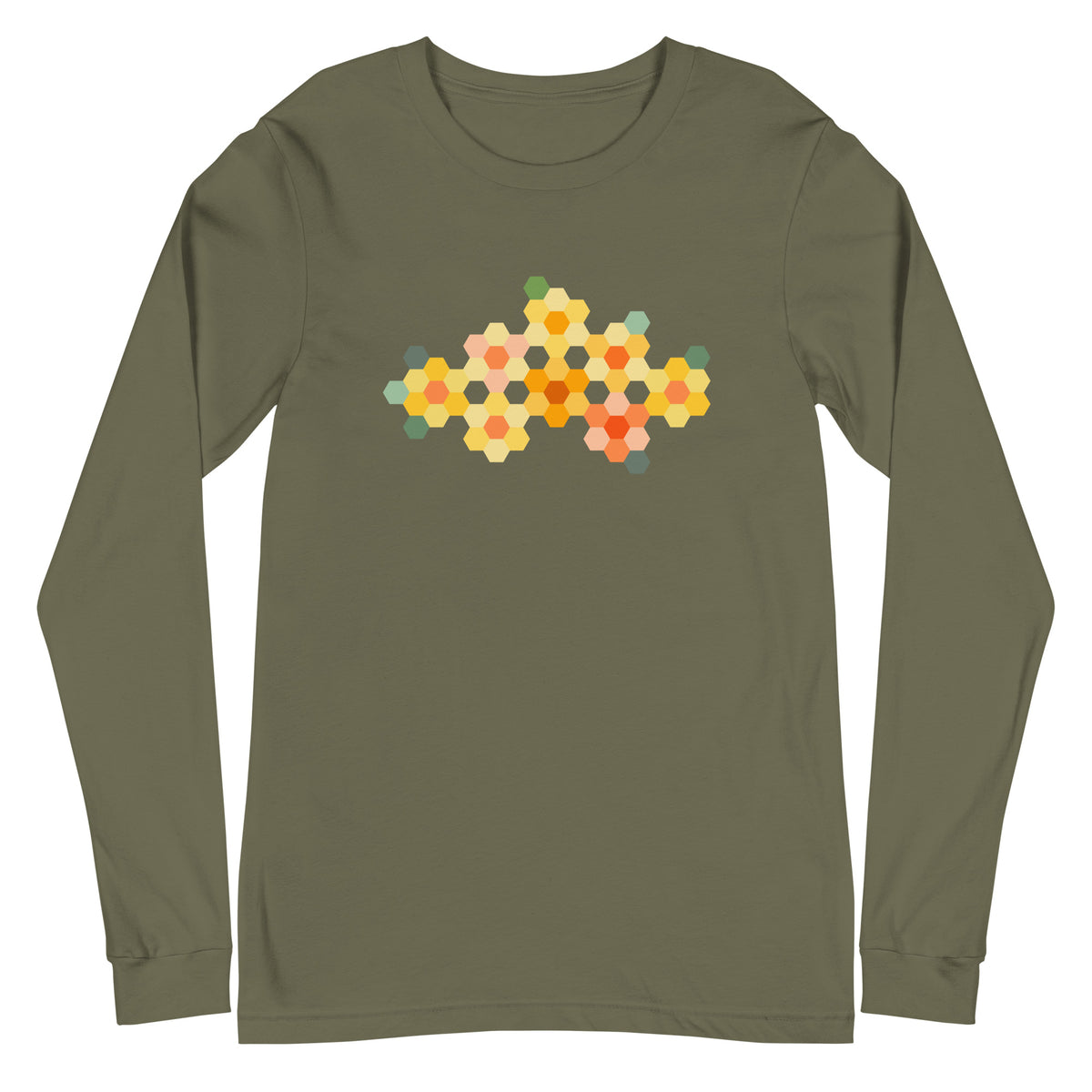 Yellow GeoFlora hexagon flower cluster in yellows, peach and greens on a unisex long-sleeve tee in military green, front view – Kate Spain design for Pat Sloan