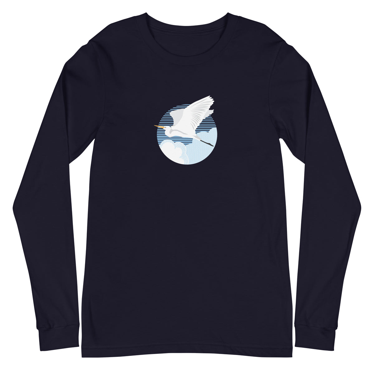 Great egret in flight against a blue circle on a long sleeve t-shirt in navy, front view – Kate Spain design