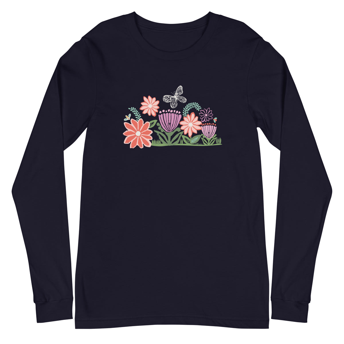 Bloom woodblock-style flowers with a butterfly, ladybug and bee on a long sleeve t-shirt in navy, front view – Kate Spain design