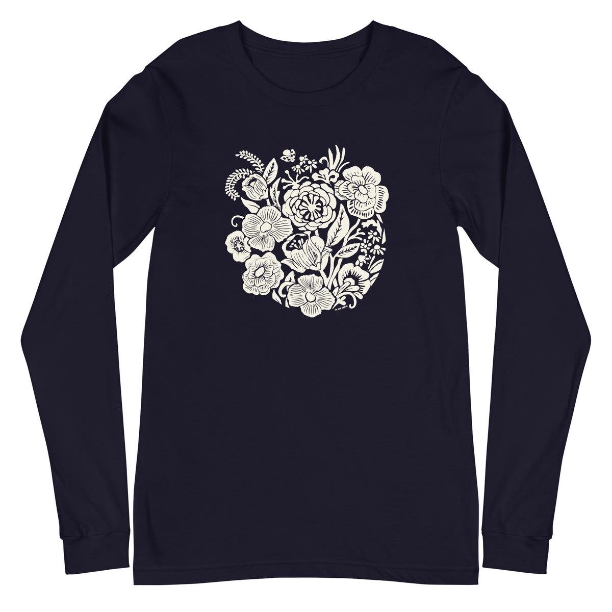 Meadowsweet woodblock-style bouquet of wildflowers on a long sleeve t-shirt in navy, front view – Kate Spain design