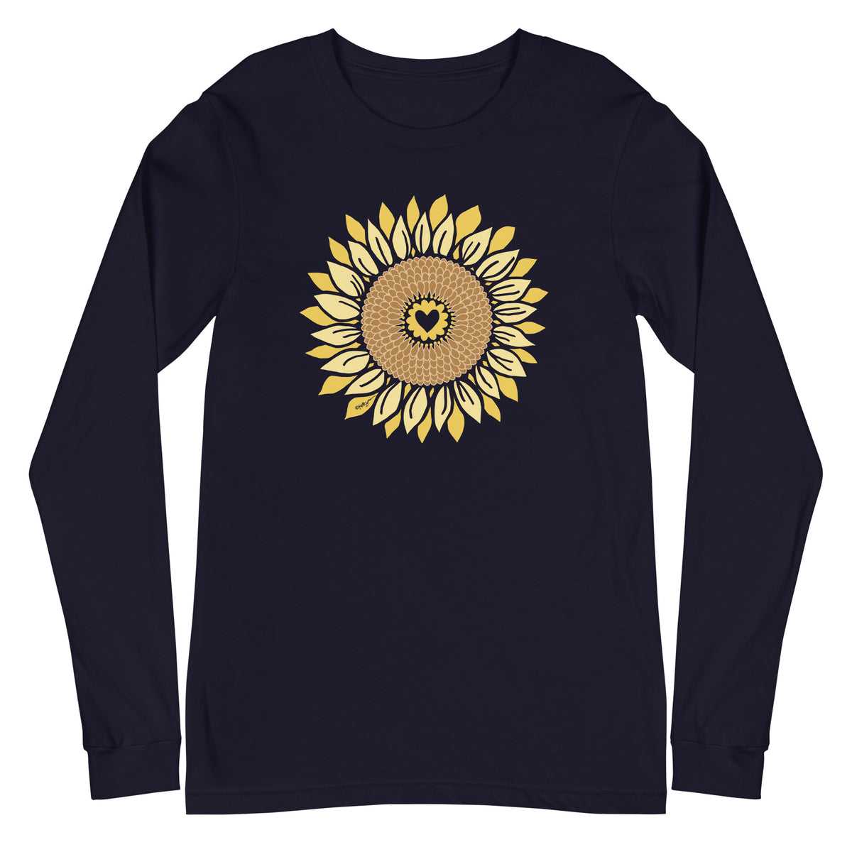 Golden sunflower with a heart center on a long sleeve t-shirt in navy, front view – Sunflowers in My Heart by Kate Spain