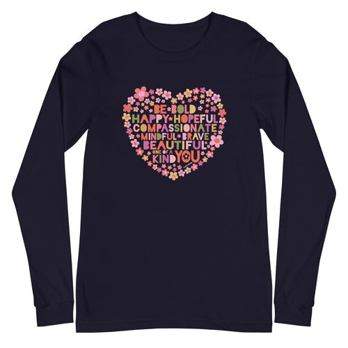 Be You floral heart of inspirational words on a unisex long-sleeve tee in navy, front view – Kate Spain design