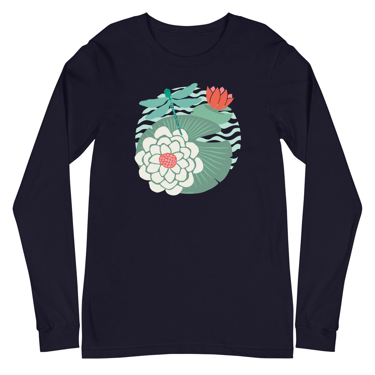 Dragonfly over water lilies and lily pads on a long sleeve t-shirt in navy, front view – Kate Spain design