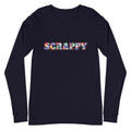 SCRAPPY in multicolor patchwork-square letters on a unisex long-sleeve tee in navy, front view – Kate Spain design