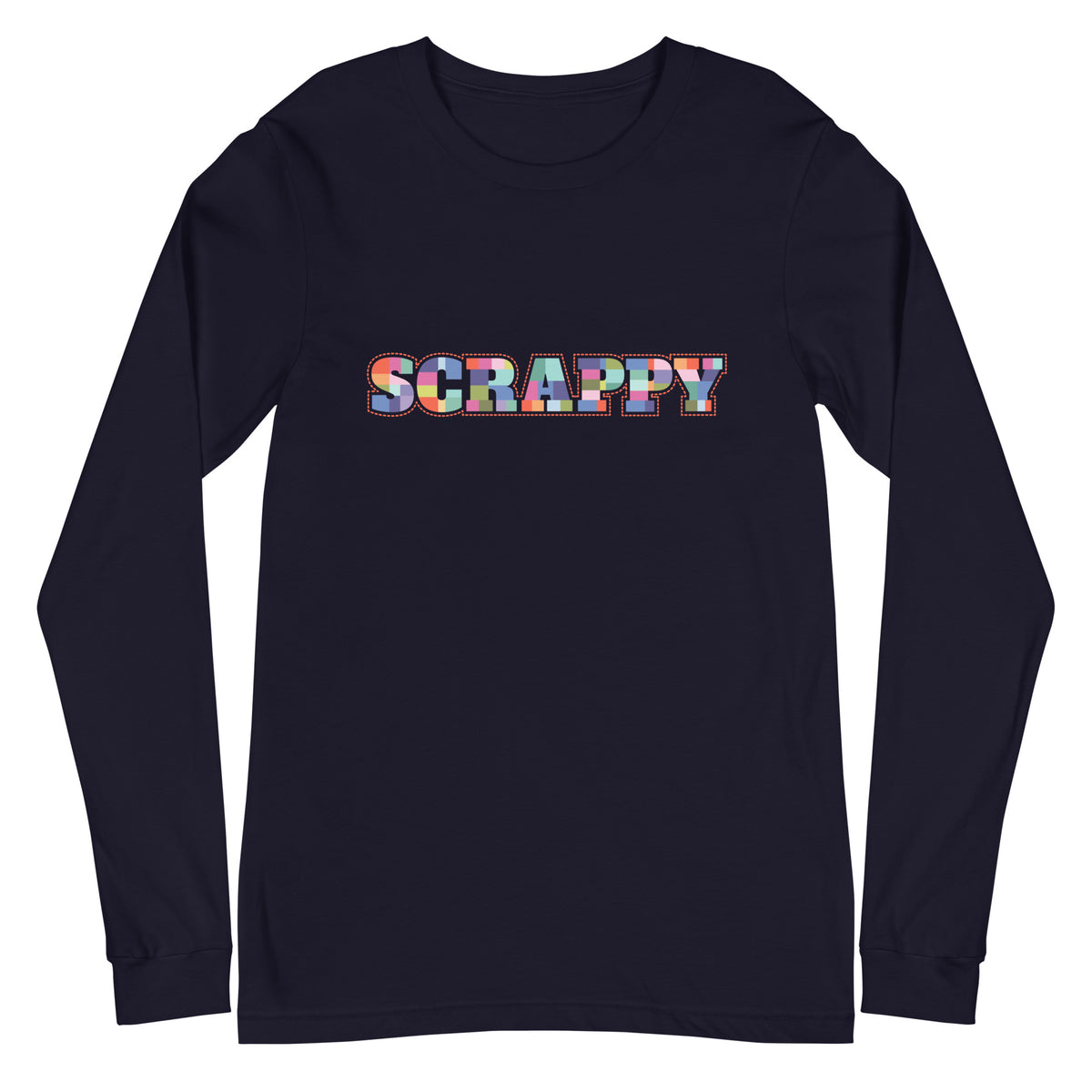 SCRAPPY in multicolor patchwork-square letters on a unisex long-sleeve tee in navy, front view – Kate Spain design