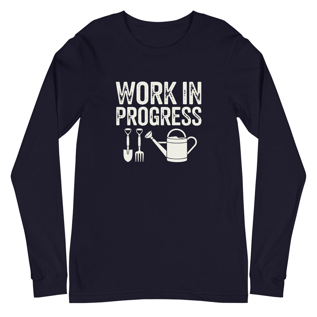 Garden Work in Progress distressed lettering with a shovel, pitchfork and watering can on a long sleeve t-shirt in navy, front view – Kate Spain design