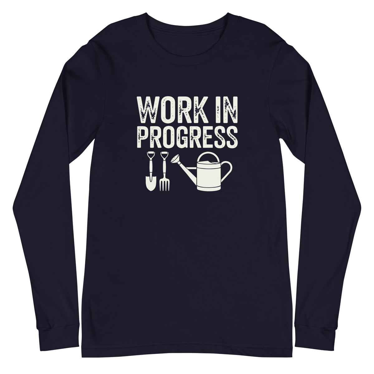 Garden Work in Progress distressed lettering with a shovel, pitchfork and watering can on a long sleeve t-shirt in navy, front view – Kate Spain design