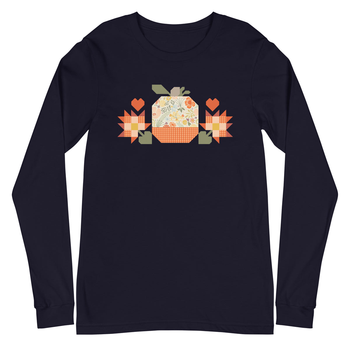 Falling for Fall patchwork pumpkin with quilt-block stars and hearts on a long sleeve t-shirt in navy, front view – Kate Spain design for Pat Sloan