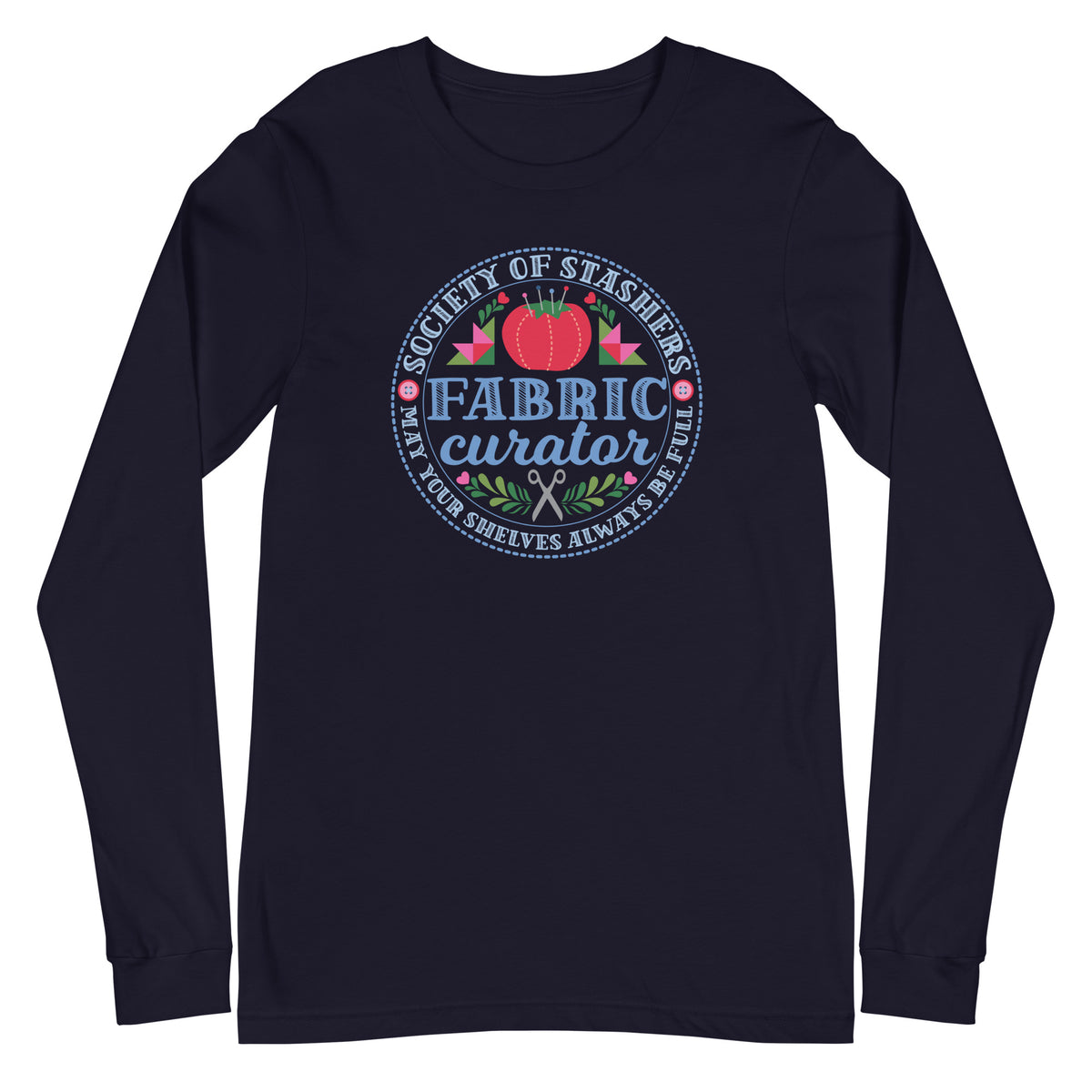 Fabric Curator Society of Stashers badge with a tomato pincushion on a long sleeve t-shirt in navy, front view – Kate Spain design for Pat Sloan