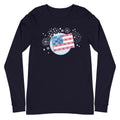 patchwork American flag in quilt fabrics on a long sleeve t-shirt in navy, front view – Kate Spain design for Pat Sloan
