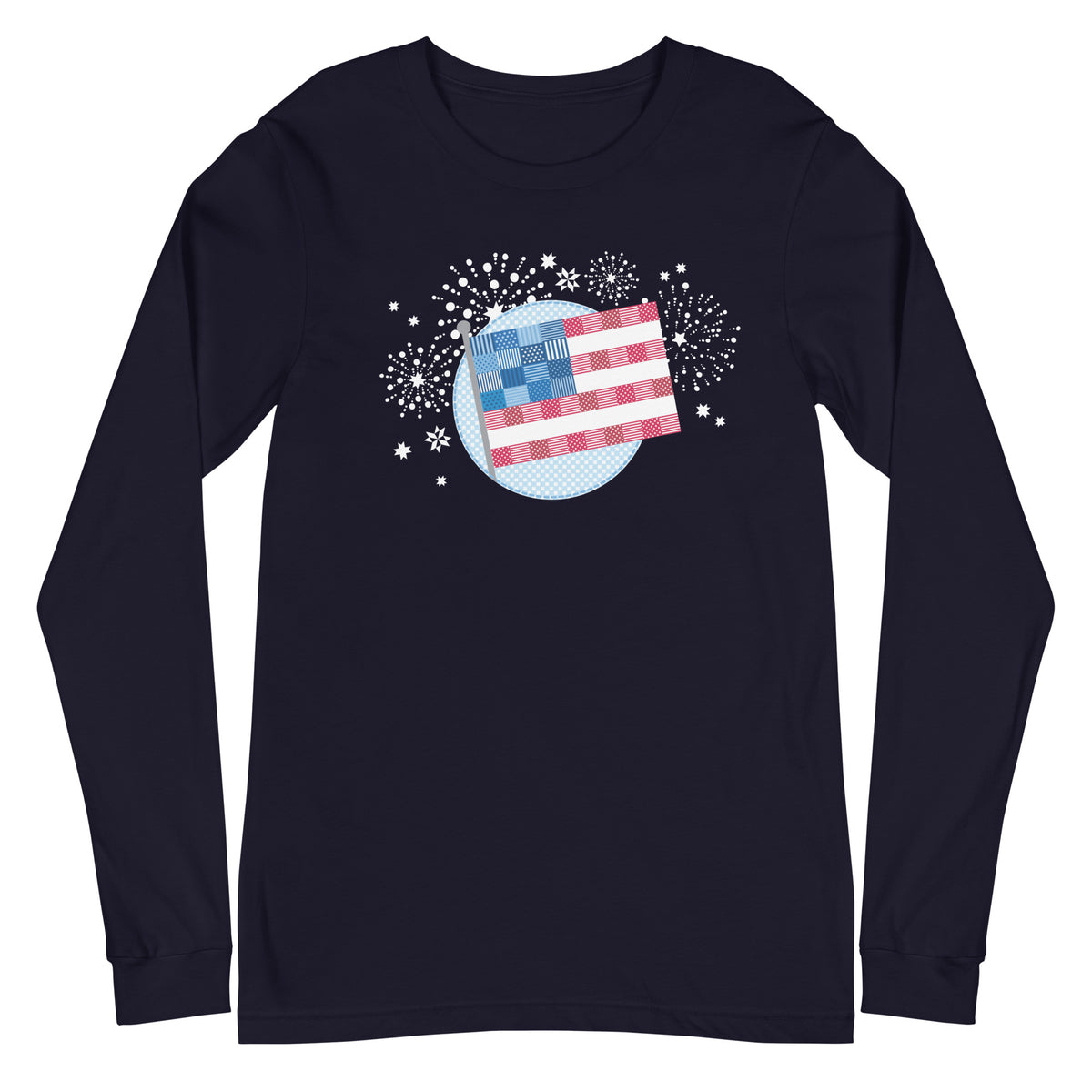 patchwork American flag in quilt fabrics on a long sleeve t-shirt in navy, front view – Kate Spain design for Pat Sloan