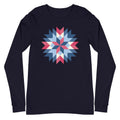Barn Star quilt block in red, white and blue on a long sleeve t-shirt in navy, front view – Kate Spain design for Pat Sloan