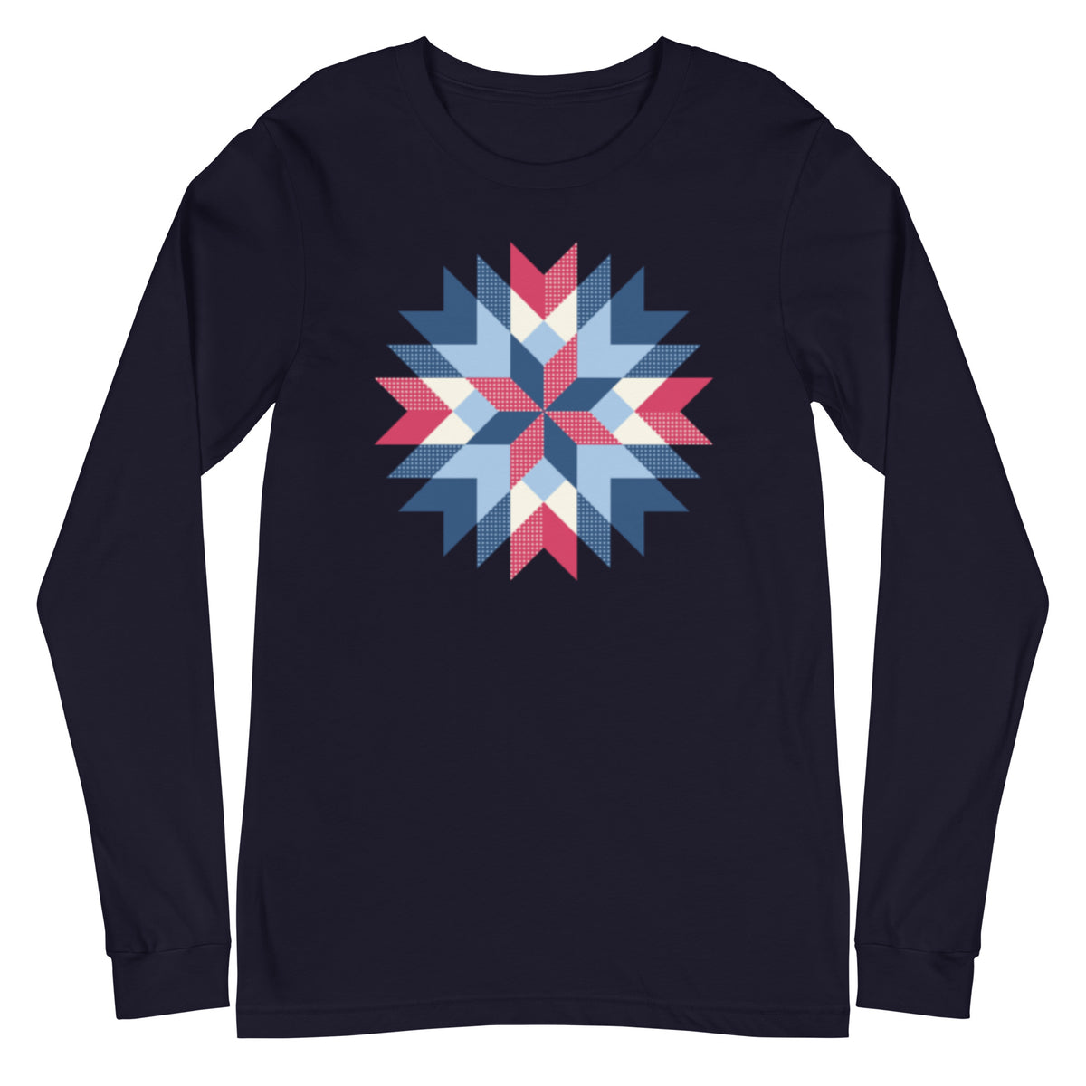Barn Star quilt block in red, white and blue on a long sleeve t-shirt in navy, front view – Kate Spain design for Pat Sloan