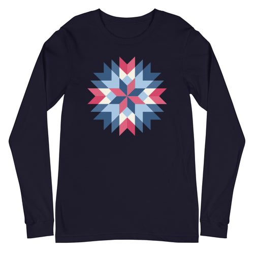 Barn Star quilt block in red, white and blue on a long sleeve t-shirt in navy, front view – Kate Spain design for Pat Sloan