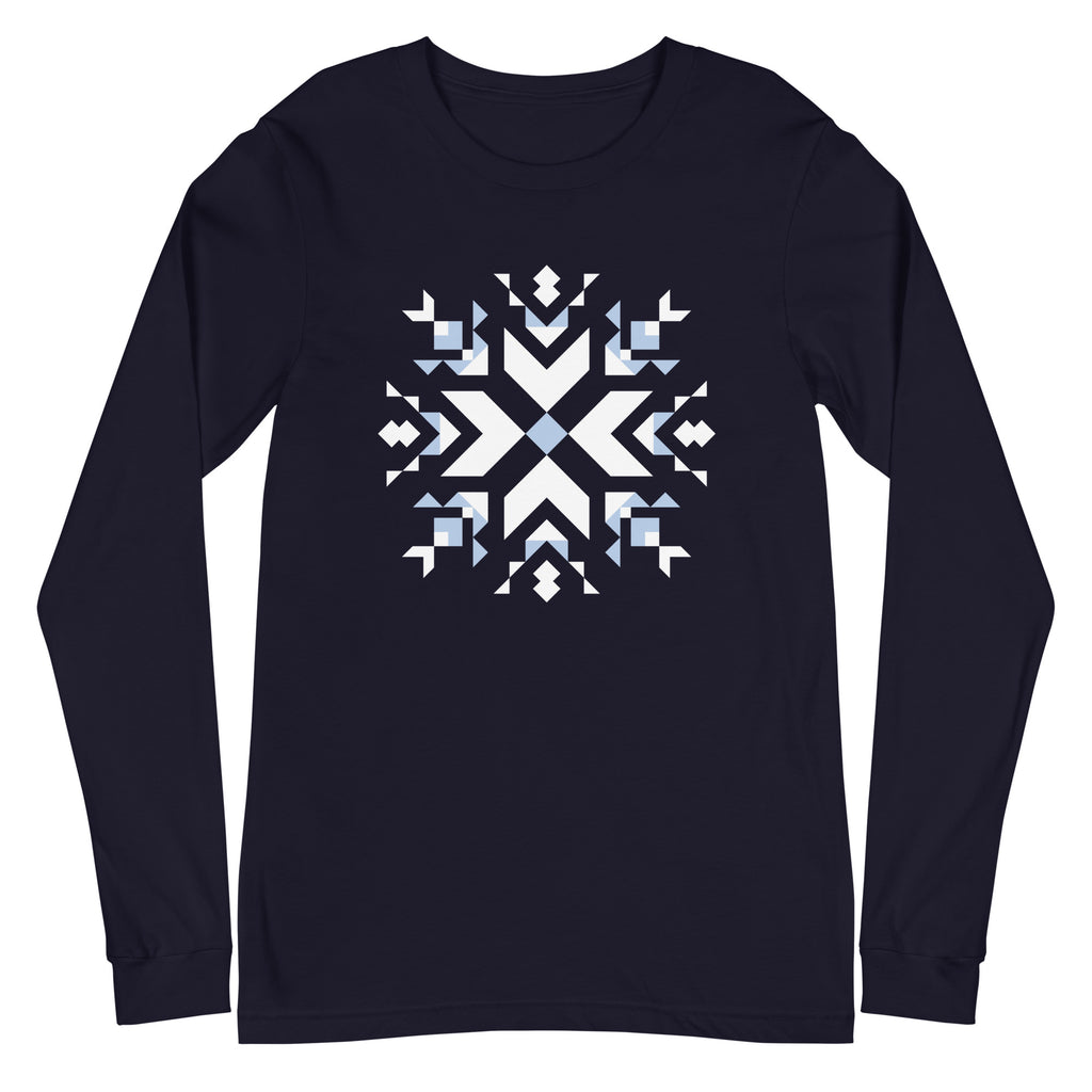Let It Snow snowflake quilt block on a long sleeve t-shirt in navy, front view – Kate Spain design for Pat Sloan