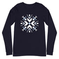 Let It Snow snowflake quilt block on a long sleeve t-shirt in navy, front view – Kate Spain design for Pat Sloan
