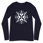Let It Snow snowflake quilt block on a long sleeve t-shirt in navy, front view – Kate Spain design for Pat Sloan
