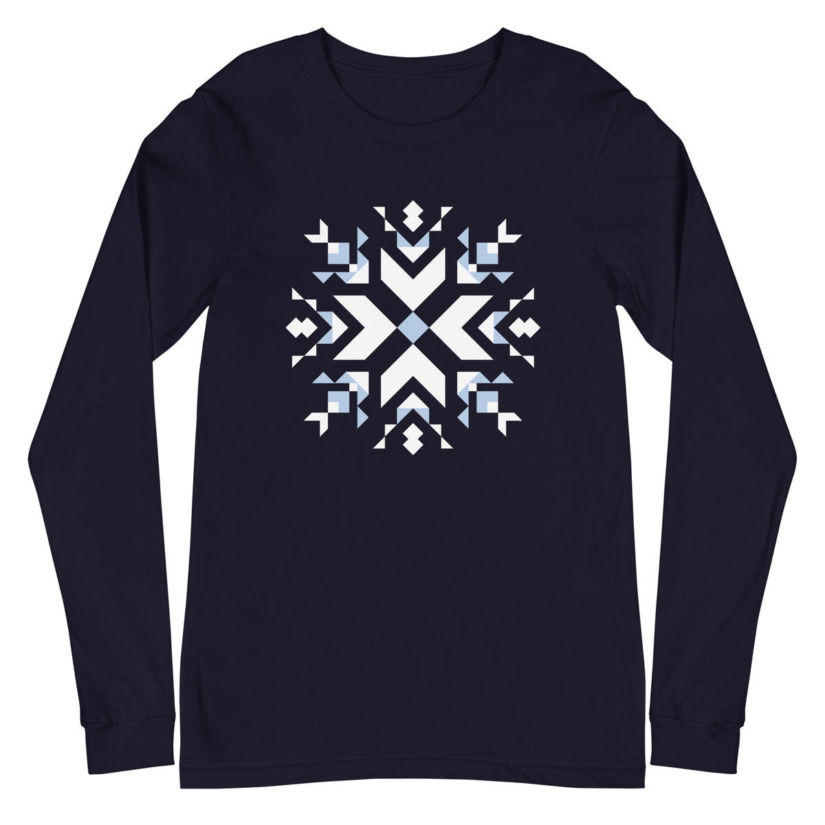 Let It Snow snowflake quilt block on a long sleeve t-shirt in navy, front view – Kate Spain design for Pat Sloan