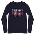 United We Quilt patchwork flag with quilt-block stars and heart stripes on a long sleeve t-shirt in navy, front view – Kate Spain design for Pat Sloan