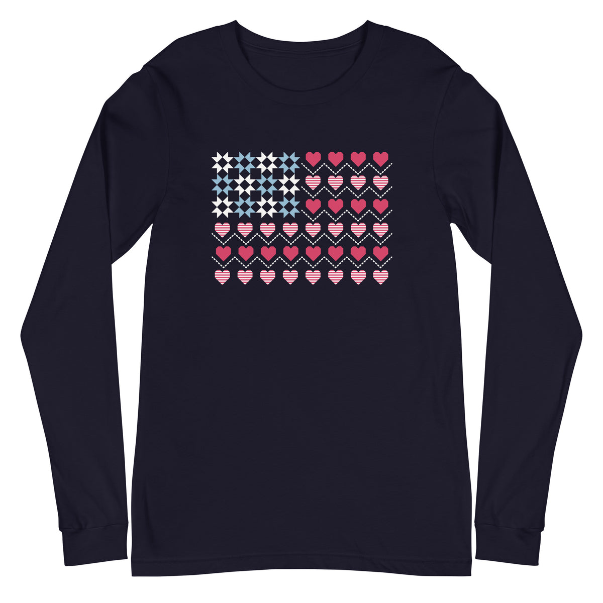 United We Quilt patchwork flag with quilt-block stars and heart stripes on a long sleeve t-shirt in navy, front view – Kate Spain design for Pat Sloan