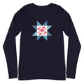 Liberty Love star quilt block with a heart in red, white and blue on a long sleeve t-shirt in navy, front view – Kate Spain design for Pat Sloan